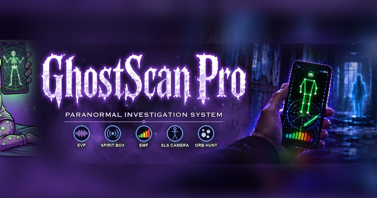 Ghost hunting equipment: phone with SLS camera skeleton detection, EMF, spirit box and EVP tools of the GhostScan Pro app